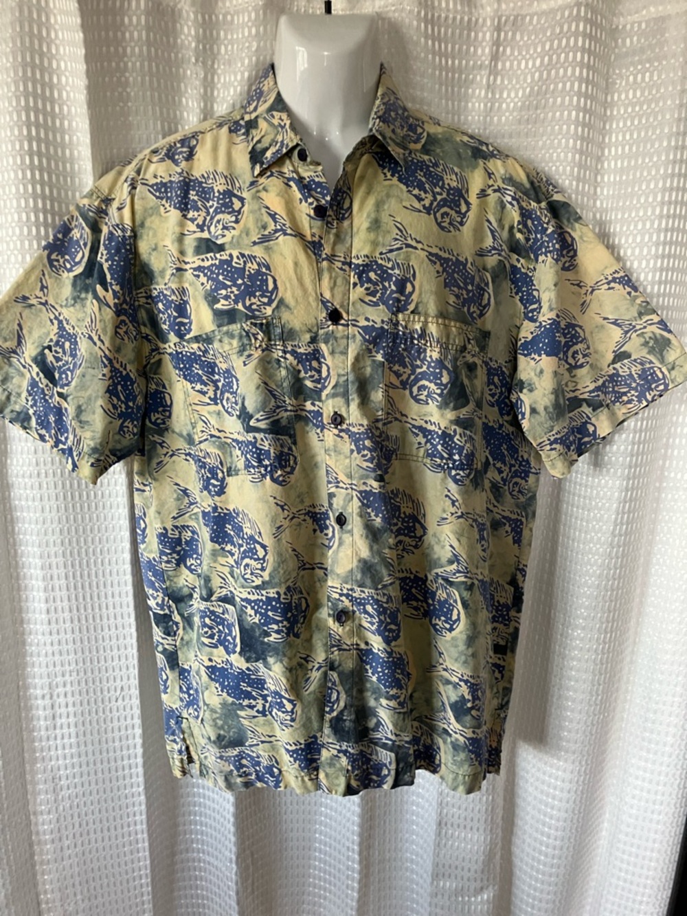 Rum Reggae Mahi Mahi Dorado Fish Print Hawaiian Shirt L Cotton Blue